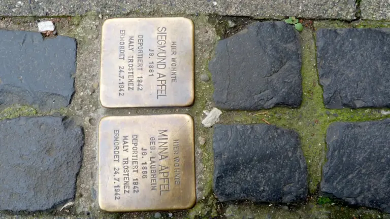 Zwei in den Boden eingelassene Stolpersteine zur Erinnerung an NS-Opfer im Pflaster.