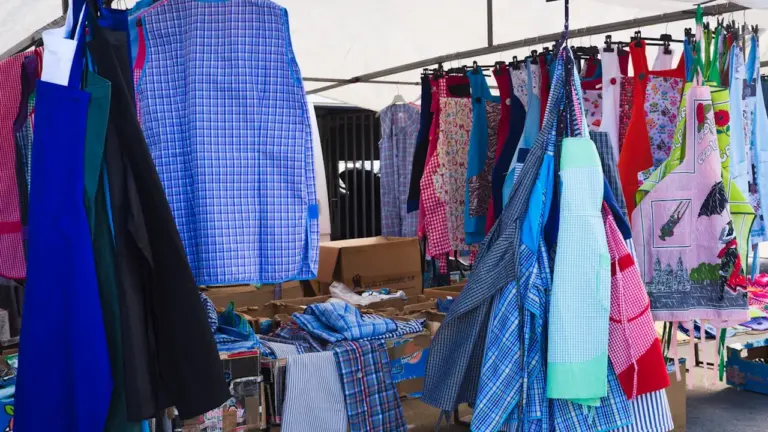 Bunte Schürzen und Stoffe hängen ordentlich sortiert an einem Marktstand im Freien.